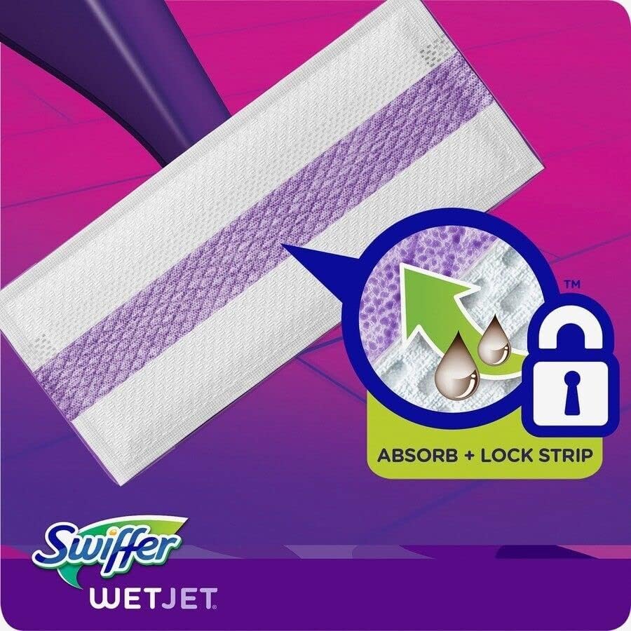 Close-up of a Swiffer WetJet mopping pad showing the 'Absorb + Lock Strip' feature.