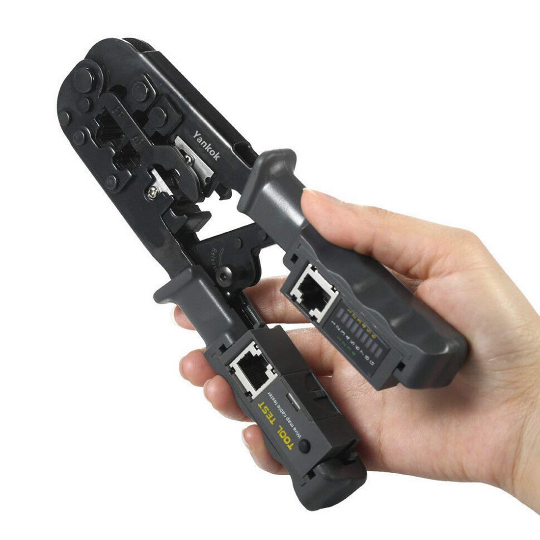 Yankok Pince à sertir modulaire N5684CR - Sertissage RJ45 8P8C RJ12 RJ11 6P6C/4C/2C, RJ10 et RJ9 4P4C/2C - Câbles Ethernet avec testeur de câble