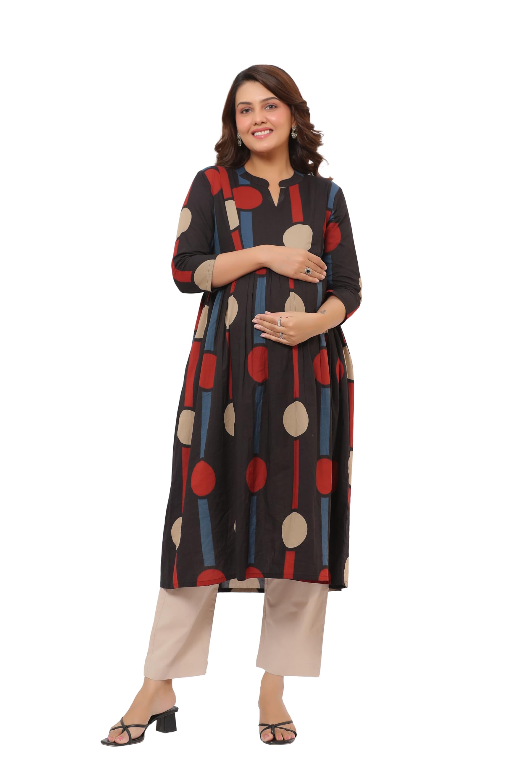 Pre & Post Maternity/Nursing Wear Hand Printed Kurta Cum Midi Dress/Nighty with Both Sides Zipper Easy Feeding to Be Moms & Nursing Mothers Cotton Black-image-13