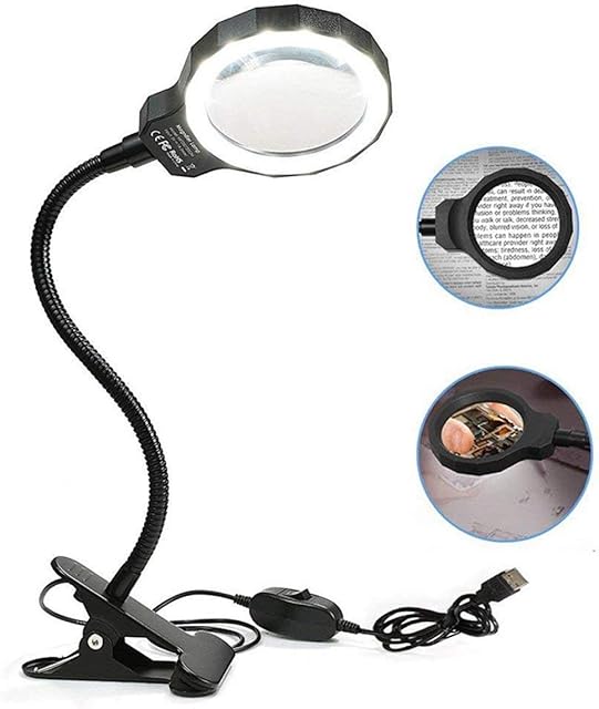 LABABE Daylight LED 3X Magnifying Lamp USB Powered With Metal Clamp - On Optical Glass Magnifier Lens - Illuminated Optical Glass Magnifier Lens with 2 Adjustable Light Settings