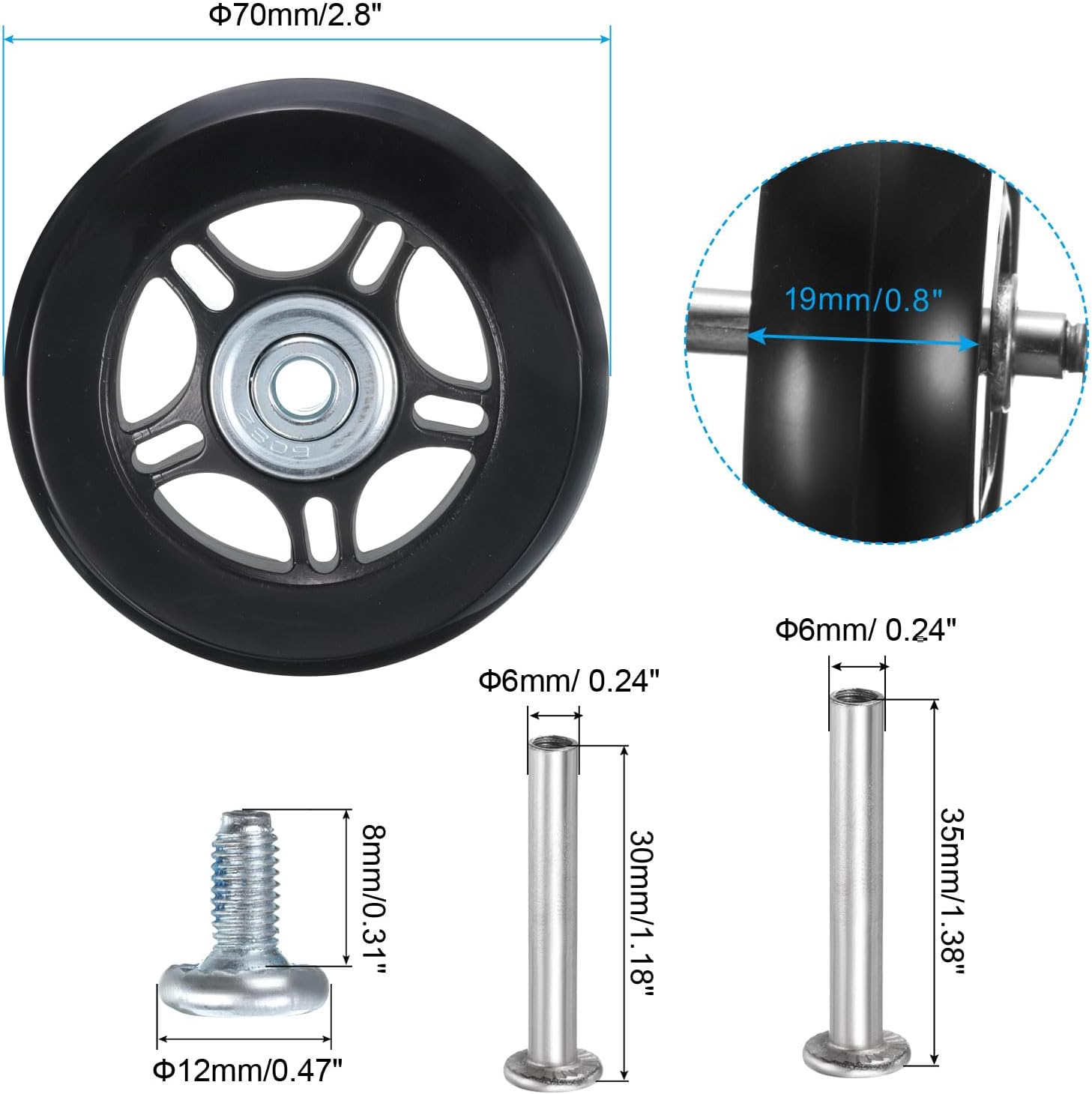 uxcell Luggage Wheels Replacement 70 x 19 mm/2.8" x 0.8" Rubber Swivel Caster Bearing Wheels Repair Kits for Suitcase Inline Outdoor Skate, Black 2Set