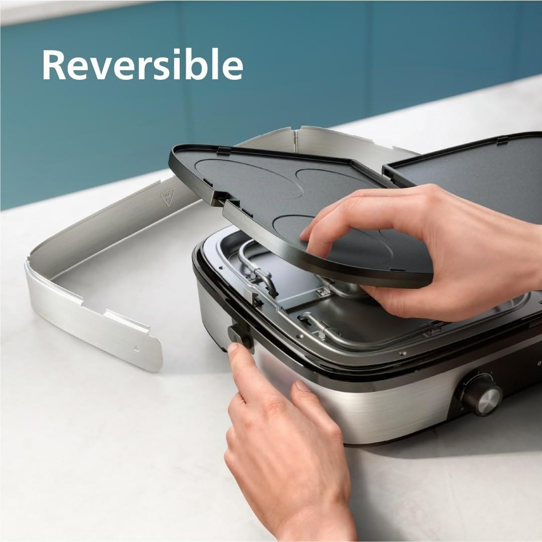Philips Parrilla Grill Serie 5000 – Superficie Grande, Placas Reversibles, Zonas de Cocinado Dual, Temperatura Ajustable, 2400W, Antiadherente, Apto para Lavavajillas (HD6222/95) | Antiadherente, apto para lavavajillas, placas reversibles, 2 zonas de cale