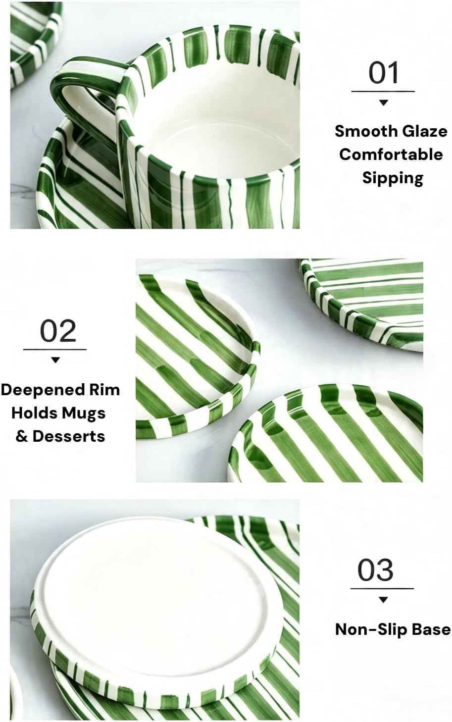 8 Oz Ceramic Cute Hand-Painted Striped Coffee Mugs & Saucers Set