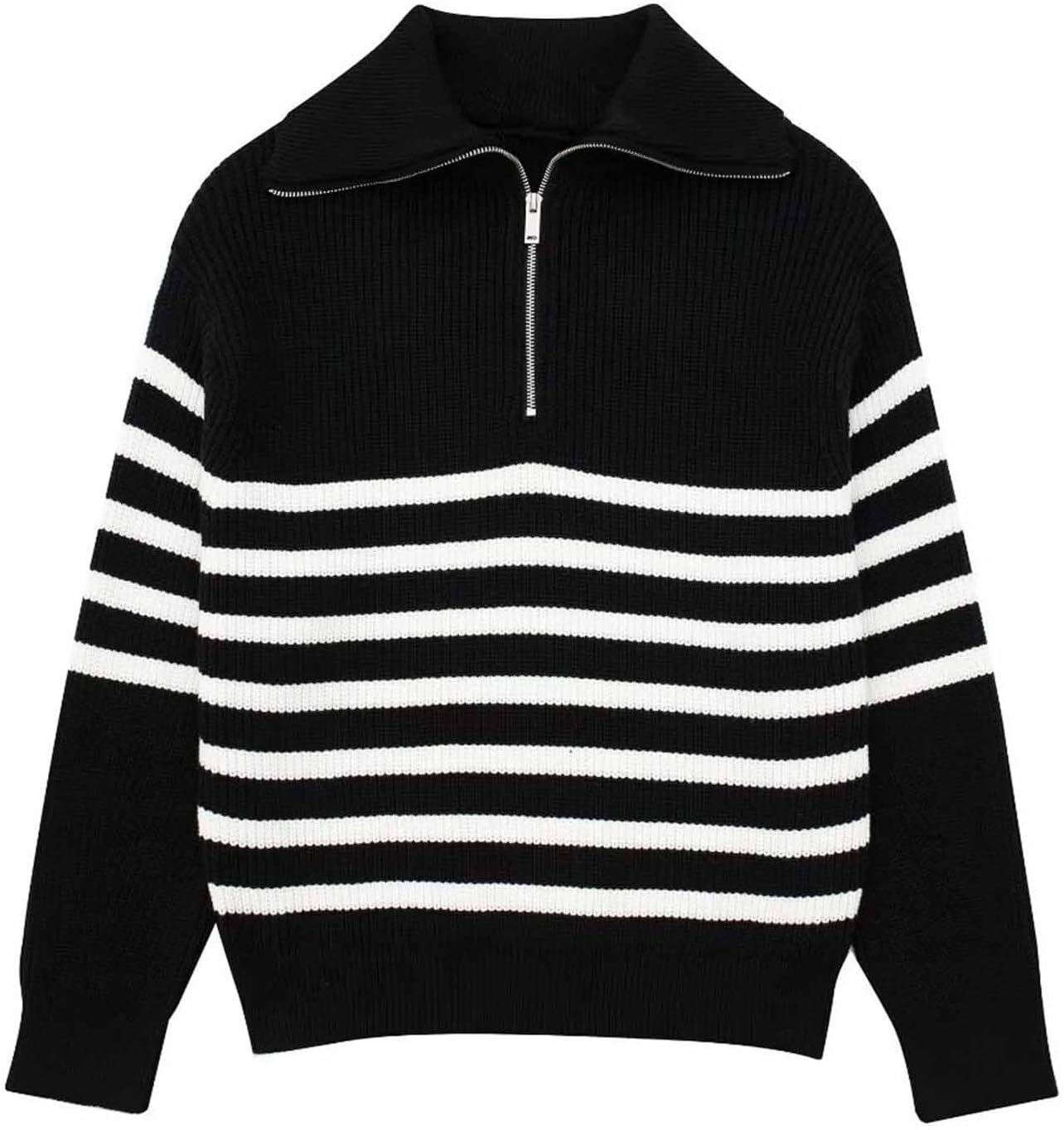 Women's Casual Long Sleeve Sweaters Loose Half Zipper V Neck Knit Stripe Print Pullover Sweater Jumper Tops
