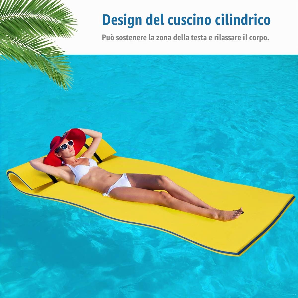 COSTWAY Tappeto Galleggiante per Mare e Piscina Arrotolabile, Materassino Galleggiante in Schiuma con Poggiatesta e Corda, Galleggiante Piscina Resistente