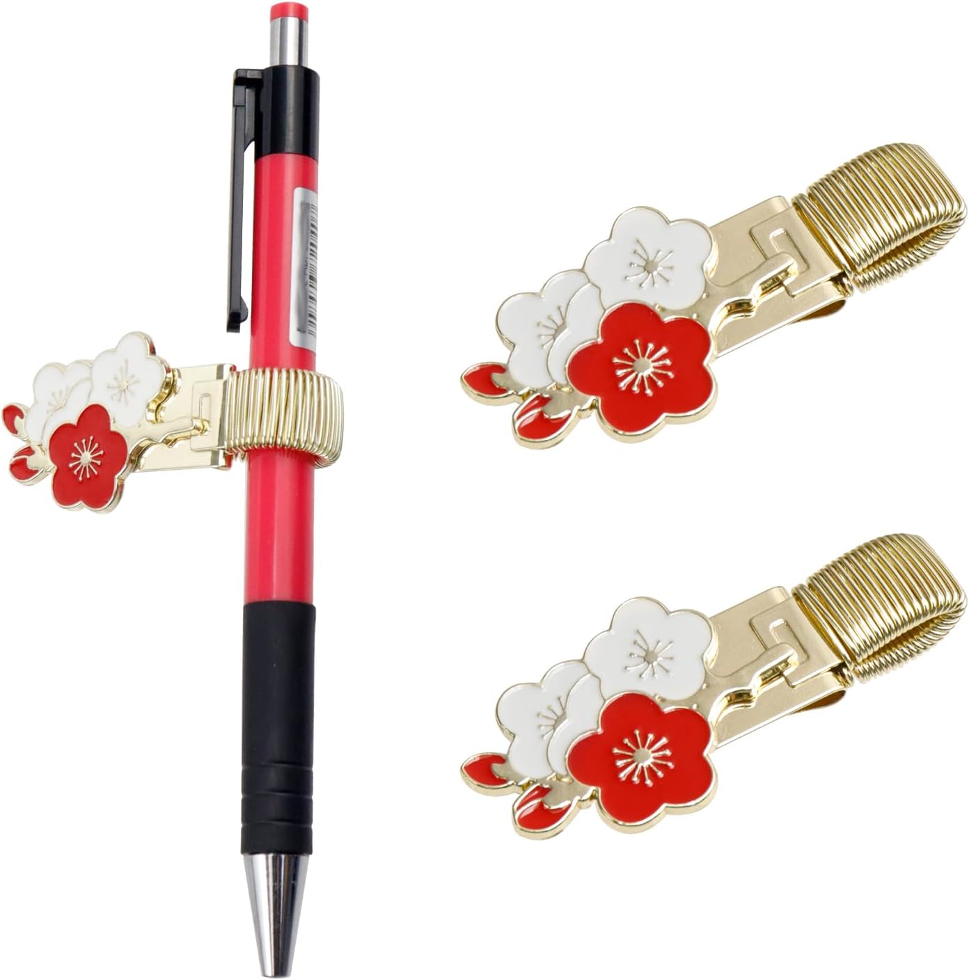 2pcs Metal Pen Clip Holders, Red Flower