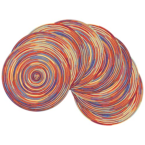 Image of SHACOS Round Braided Placemats Set of 8 Washable 15 inch Round Table Mats Colorful Variegated Woven Place Mats for Dining Table (Rainbow Red, 8)