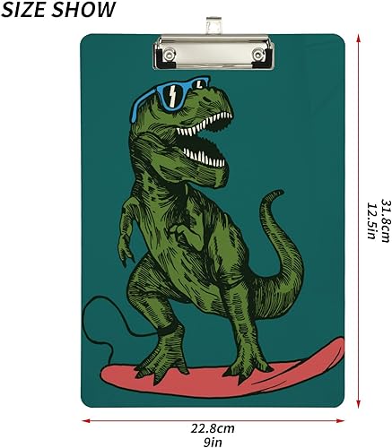 Miniatura 3 de Monopatín verde de dinosaurio, portapapeles de plástico transparente, resistente, lindo bloc de notas A4, clips para escritura, tablero rígido,