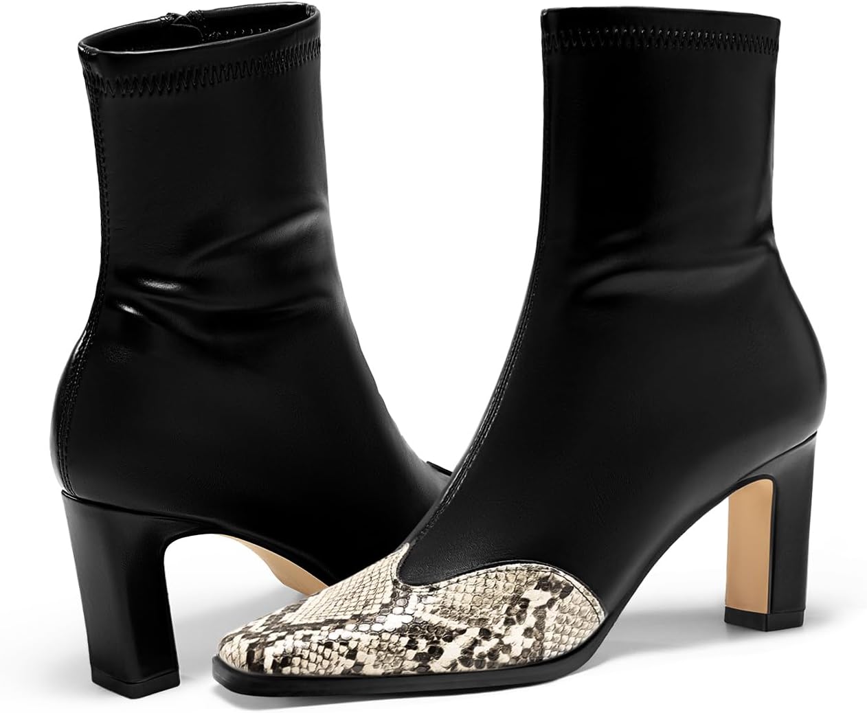 Coutgo Womens Ankle Boots Chunky Heel Square Toe Short GoGo Booties Side Zipper Winter Dress Shoes