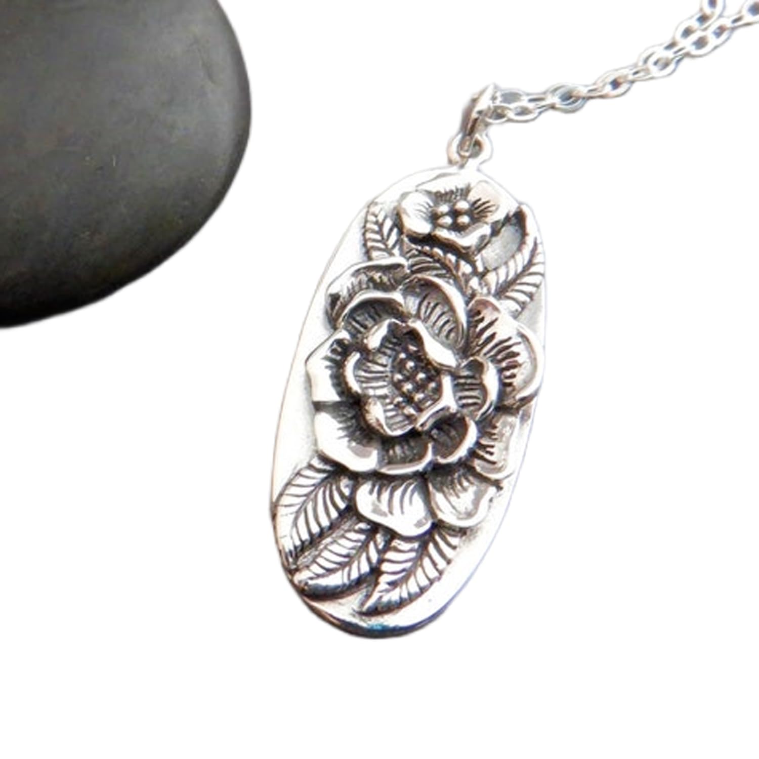 Collana in argento sterling 925 con fiore di peonia. Ciondolo ovale con piccole peonie, delicato fiorellino. Regalo per giardiniere botanico|con catena da 18 pollici|placcato argento|WW_PNK_02933