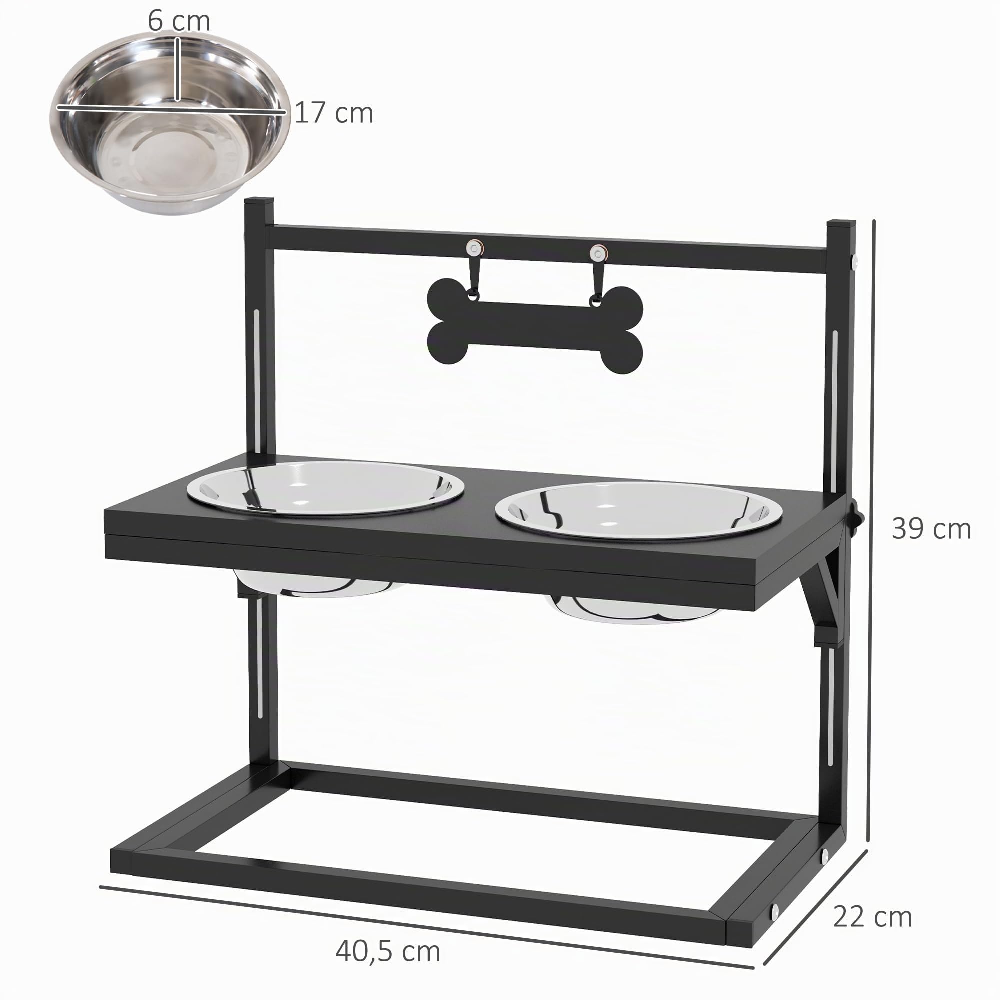 PawHut Gamelles Surrélevées Chien Porte-Gamelle Ajustable 11 à 33 cm Noir | 2 Bols Amovibles en Acier Inoxydable, Plaque Motif Os
