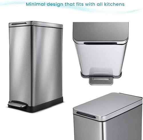 Miniatura 7 de Home Zone Living Bote de basura de cocina de 12 galones diseño de acero inoxidable de cuerpo delgado capacidad de 45 litros plateado
