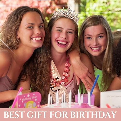 Miniatura 7 de TOBATOBA Coronas de cumpleaños para mujeres y niñas, juego de banda y tiara de cumpleaños, corona y banda de cumpleaños de oro rosa para mujeres,