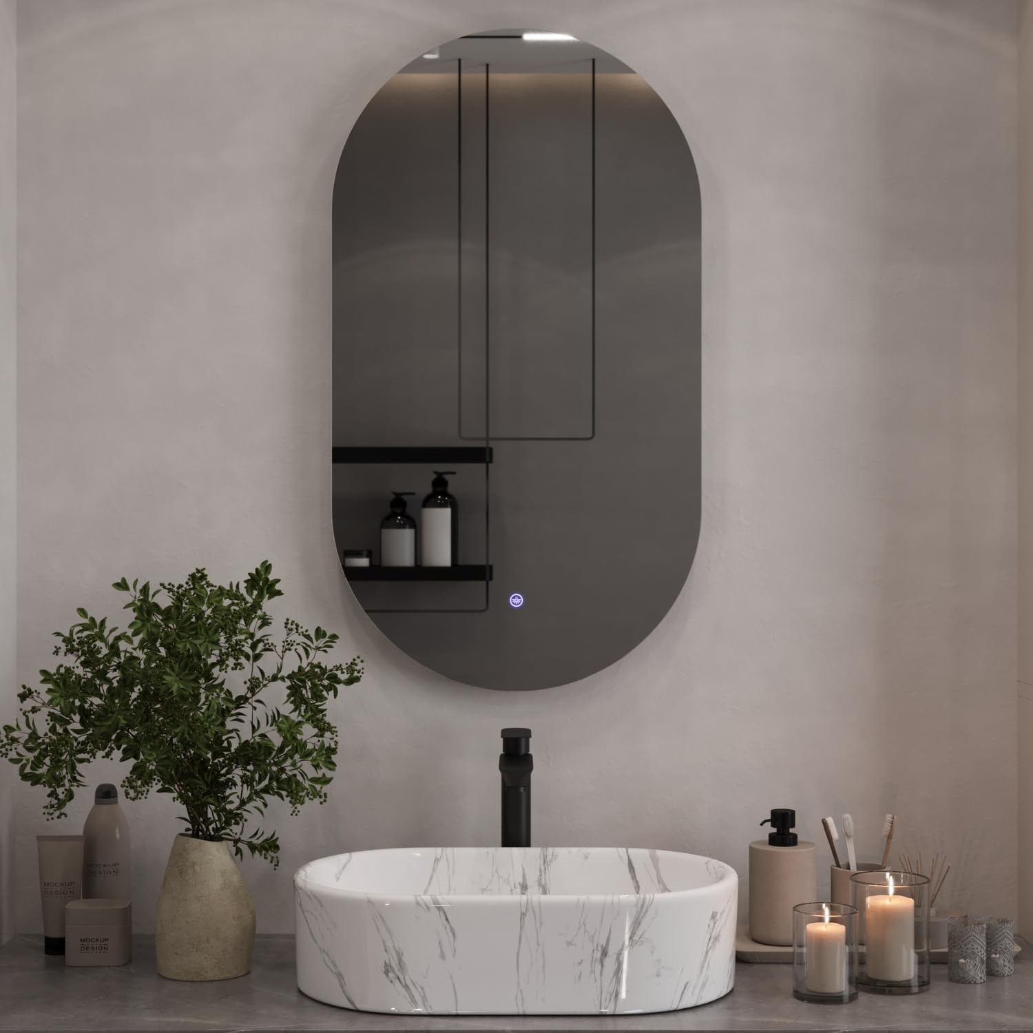 Planetmöbel Specchio con illuminazione 50 x 90 cm, specchio senza cornice, 2 livelli di luce (4000-4200k), con interruttore touch, moderno specchio da parete per bagno, corridoio o guardaroba, ovale