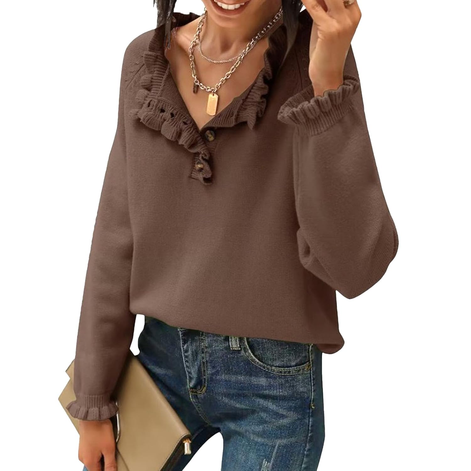 Womens Ruffle Sweaters Crew Neck Long Sleeve Knitted Pullover Tops Fall Outfits for Women 2025