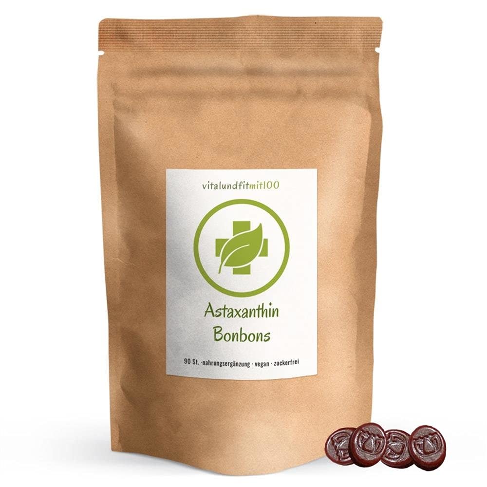 vitalundfitmit100 Astaxanthin Bonbons 90 Stk. – Vegan – Mit Vitamin B12 – Grünteegeschmack