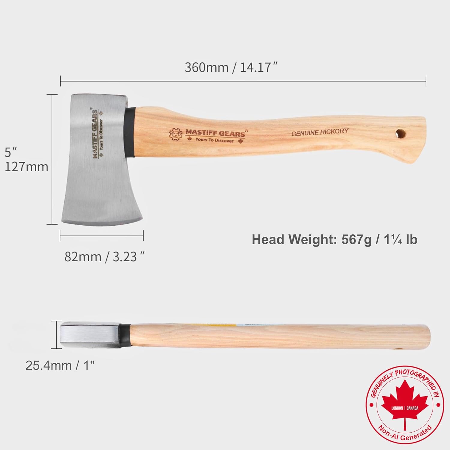 MASTIFF GEARS 1.25 lb Camp Axe - 14" Throwing Axe with 1055 Carbon Steel & North American Hickory Handle | Leather Sheath Included |1-Year Replacement, Lifetime Limited Warranty