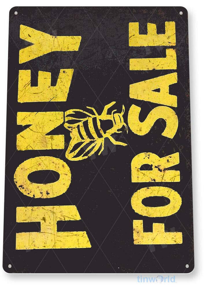 Matlpats Yellow And Black Tin Sign Honey For Sale Tin Metal Sign Bees Kitchen Farm Decor 8X12 Inch