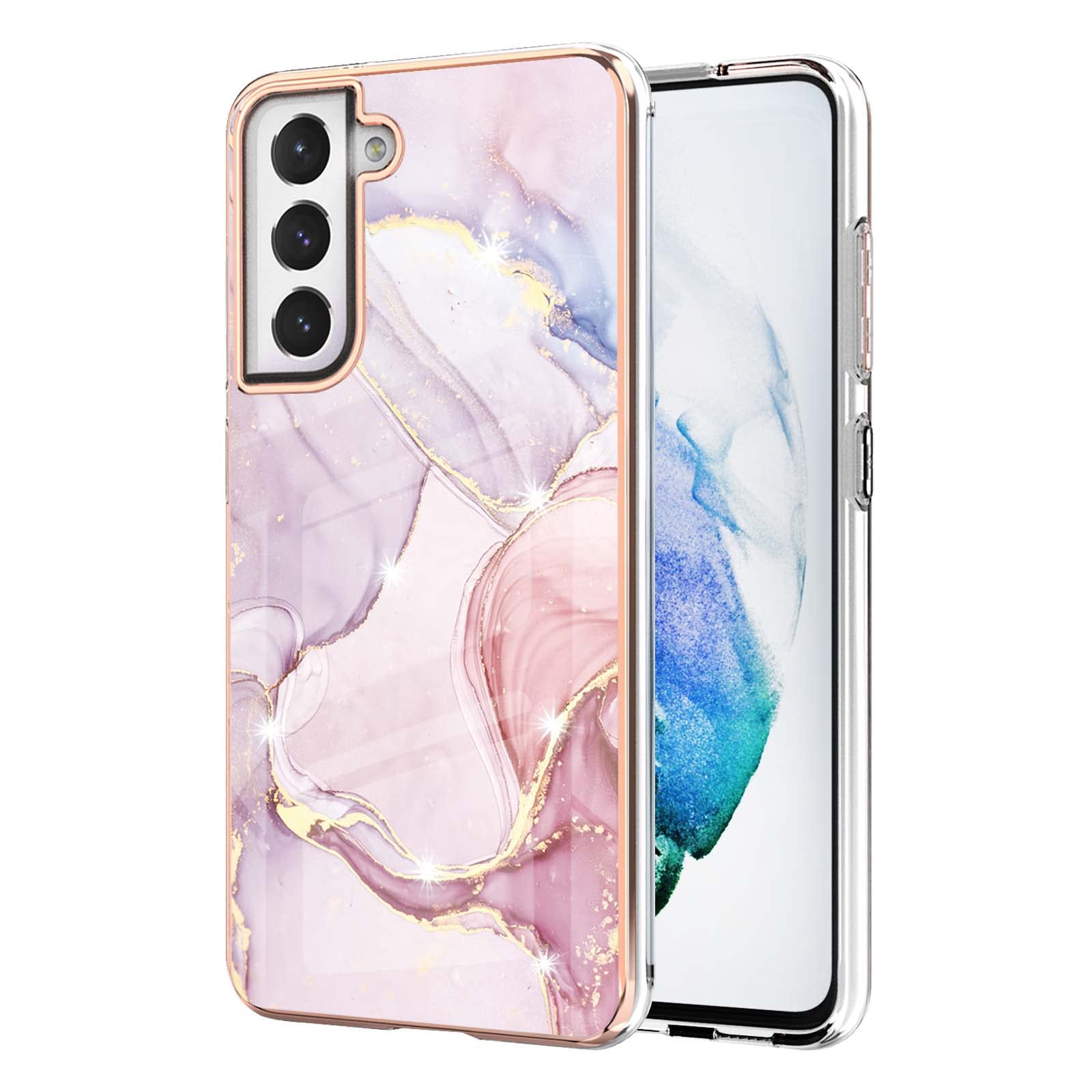 Samsung Galaxy S21 FE Case Marble Silicone Phone Case Shockproof Glitter Plated Gold Edges Protective Flexible TPU Rubber Skin Bumper Cover for Samsung Galaxy S21 FE Girls Women, Rose Gold