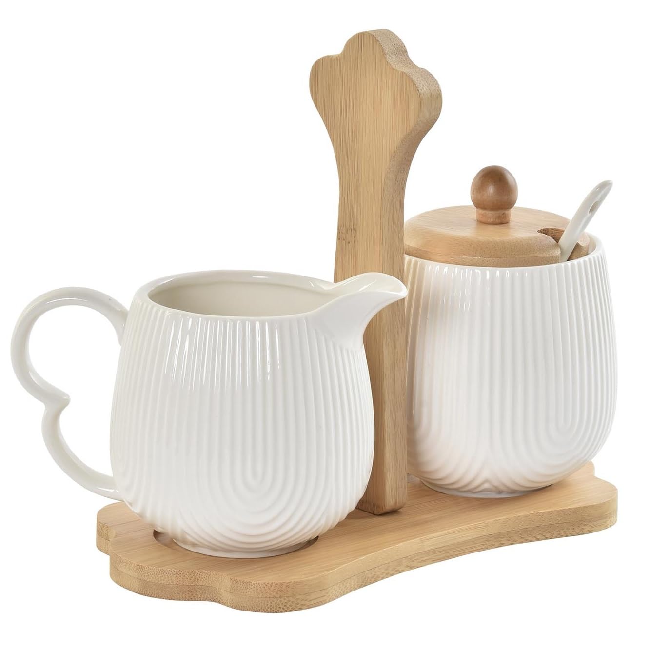 Set Azucarero con Cucharilla y Jarrita Lechera Porcelana Blanco con Soporte Madera Nordico -Jarra y Lechera para Mesa Cocina