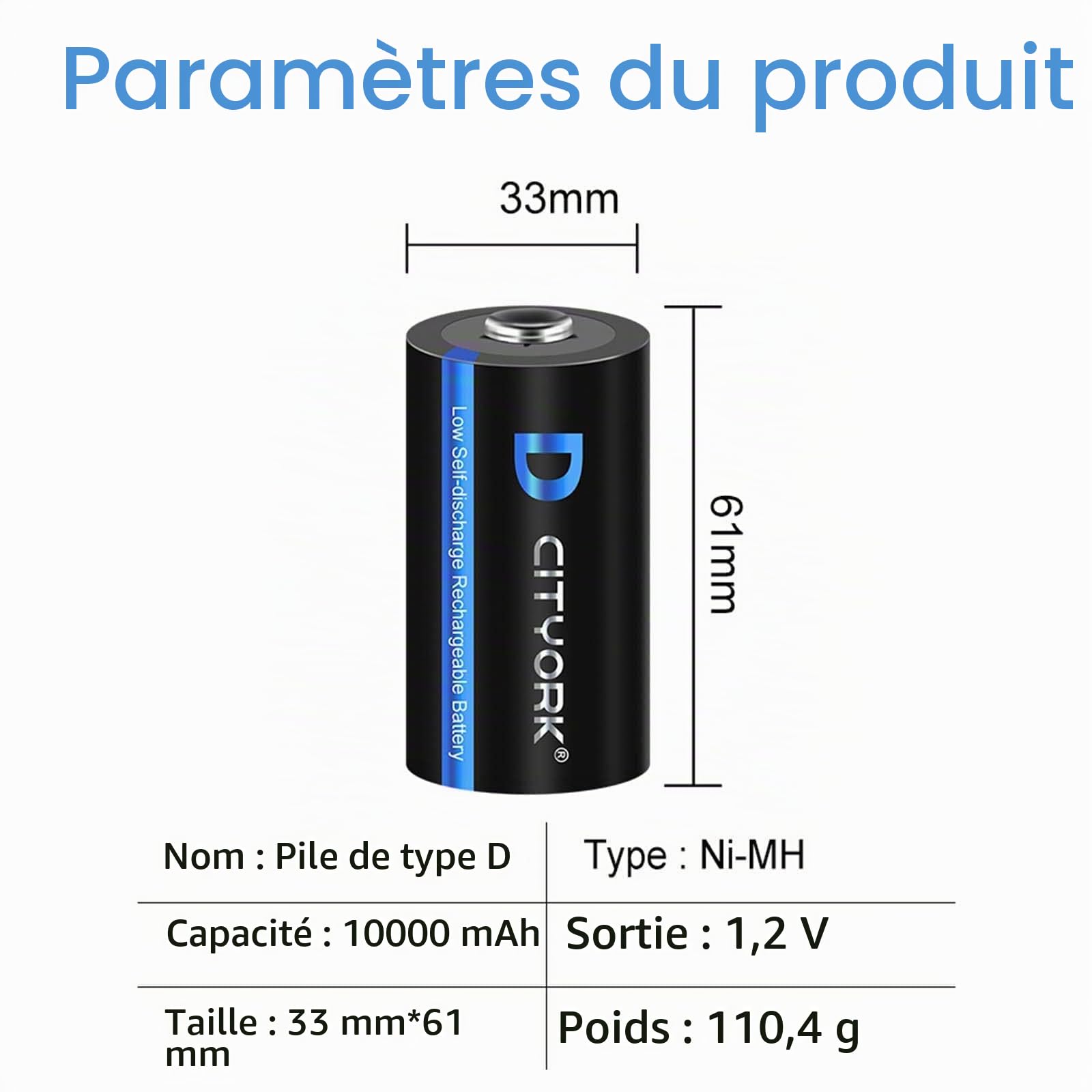 CITYORK 10 000 mAh 1,2 V Ni-MH D Piles Rechargeables Haute capacité Parfaites pour Une Utilisation Quotidienne et Professionnelle Comprend Un étui à Piles – Lot de 6