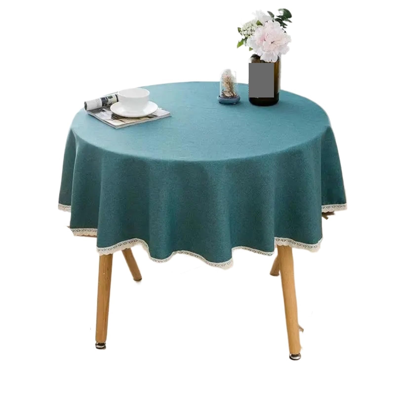 ZNTIHZ Solid Color Round Tablecloth With Lace Cotton Linen Table Cloth Wedding Dining Tea Decoration Cover For Wedding Party Banquet(Green,120cm)