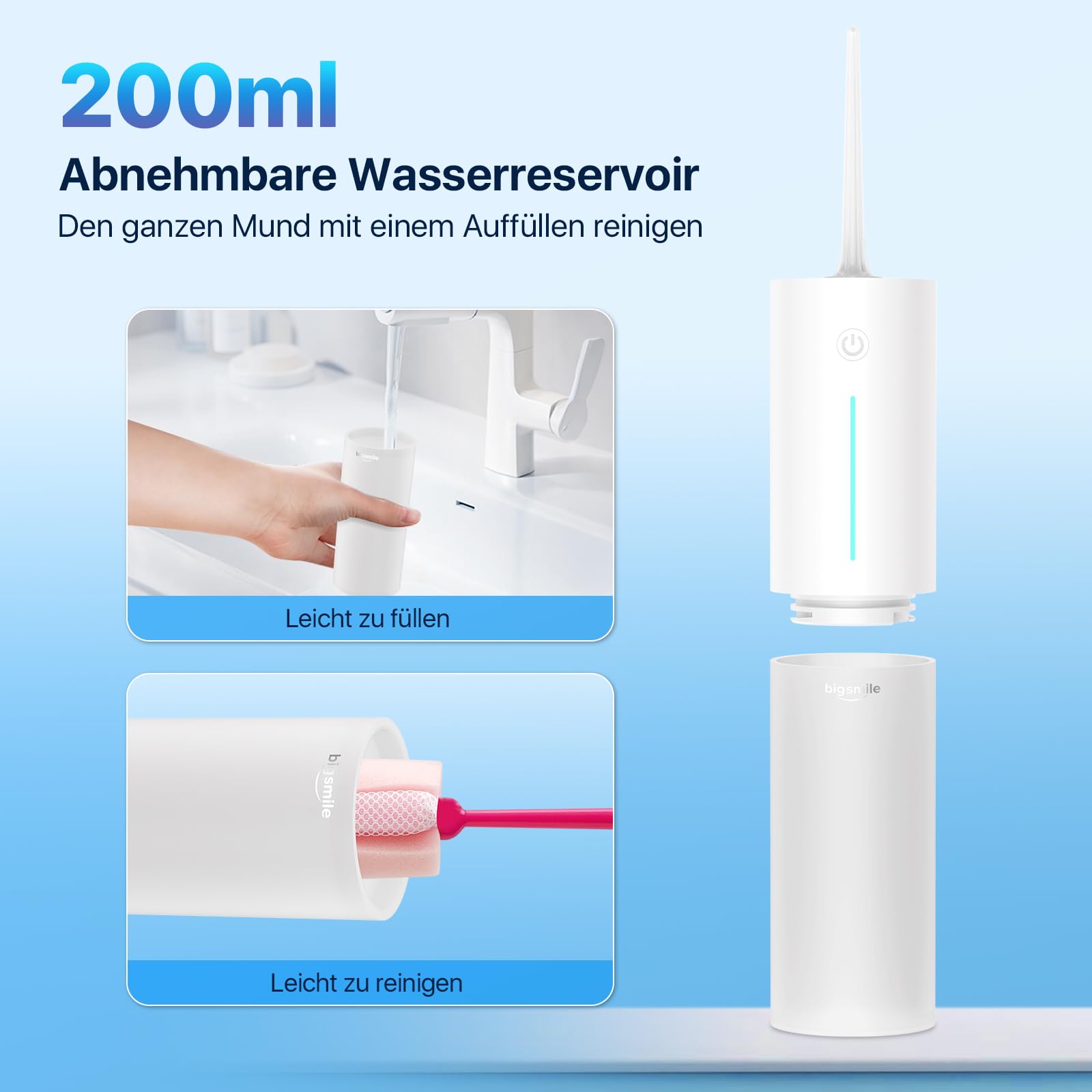 Bigsmile Wasserzahnseide, tragbarer Mundreiniger, wiederaufladbarer Reisemundreiniger, professioneller elektrischer Zahnspritzer, IPX7 wasserdicht, Effektiv den Mund sauber und gesund halten (schwarz)