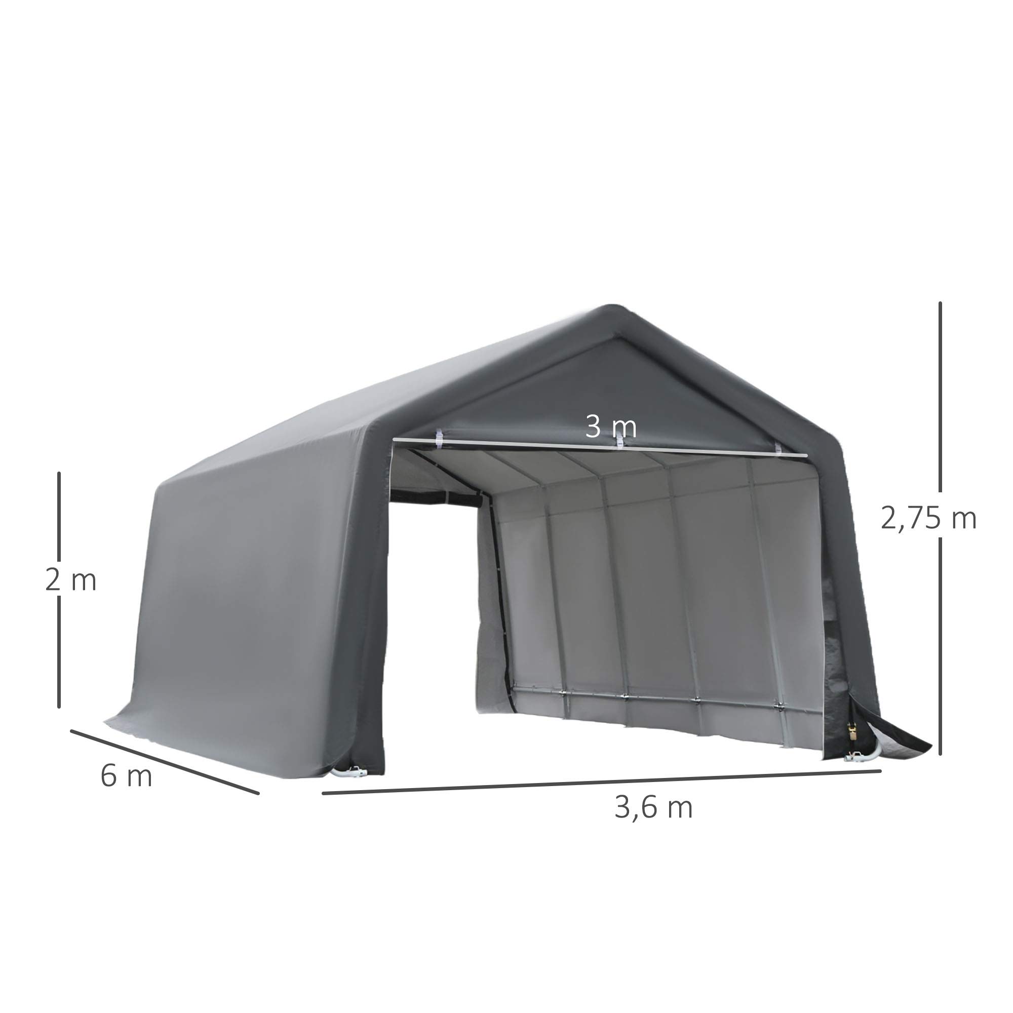 Outsunny Tente Garage carport dim. 6L x 3,6l x 2,75H m Acier galvanisé Robuste PE Haute densité 195 g/m² imperméable Anti-UV Blanc Gris