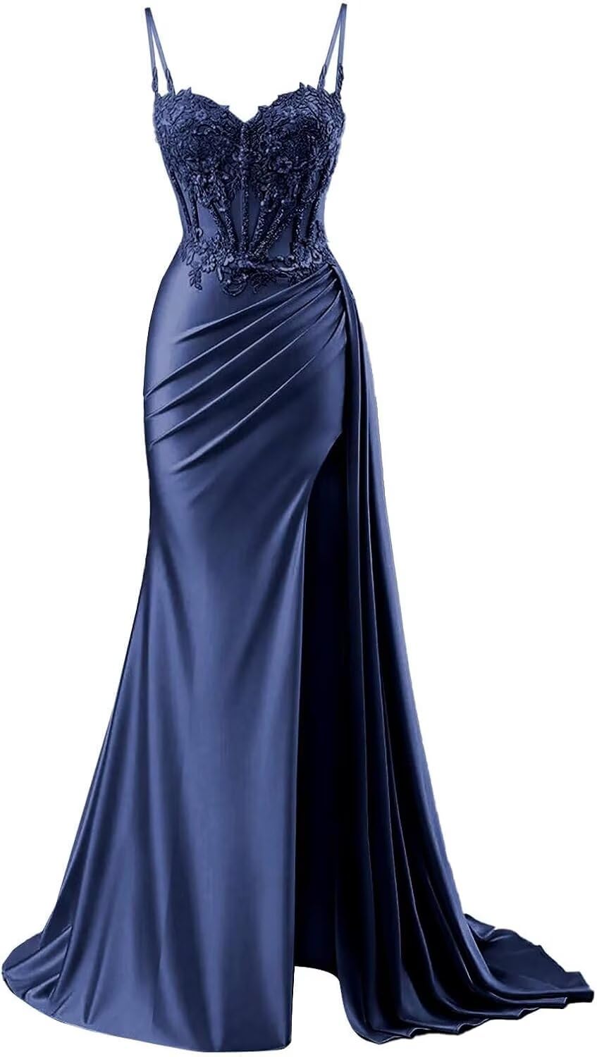 INEWER Lace Appliques Prom Dresses 2026 Long with Slit Corset Pleated Satin Mermaid Formal Ball Gown