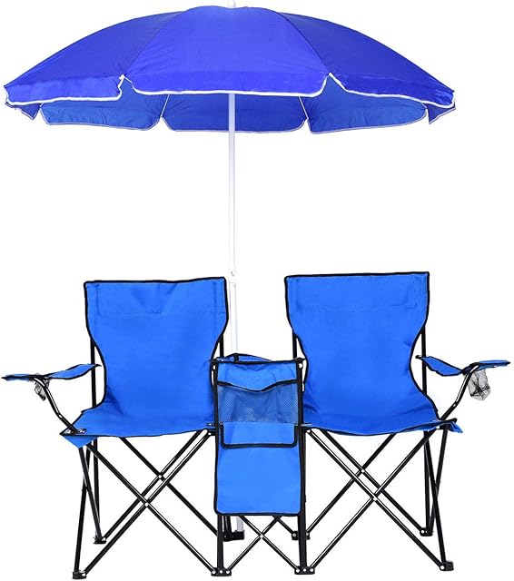 COSTWAY Double Camping Chair, Portable Folding Loveseat with Umbrella, Ice Bag, Cup Holder & Carrying Bag, Outdoor Garden Seaside Fishing Picnic Leisure Lover Chairs Set (Blue)
