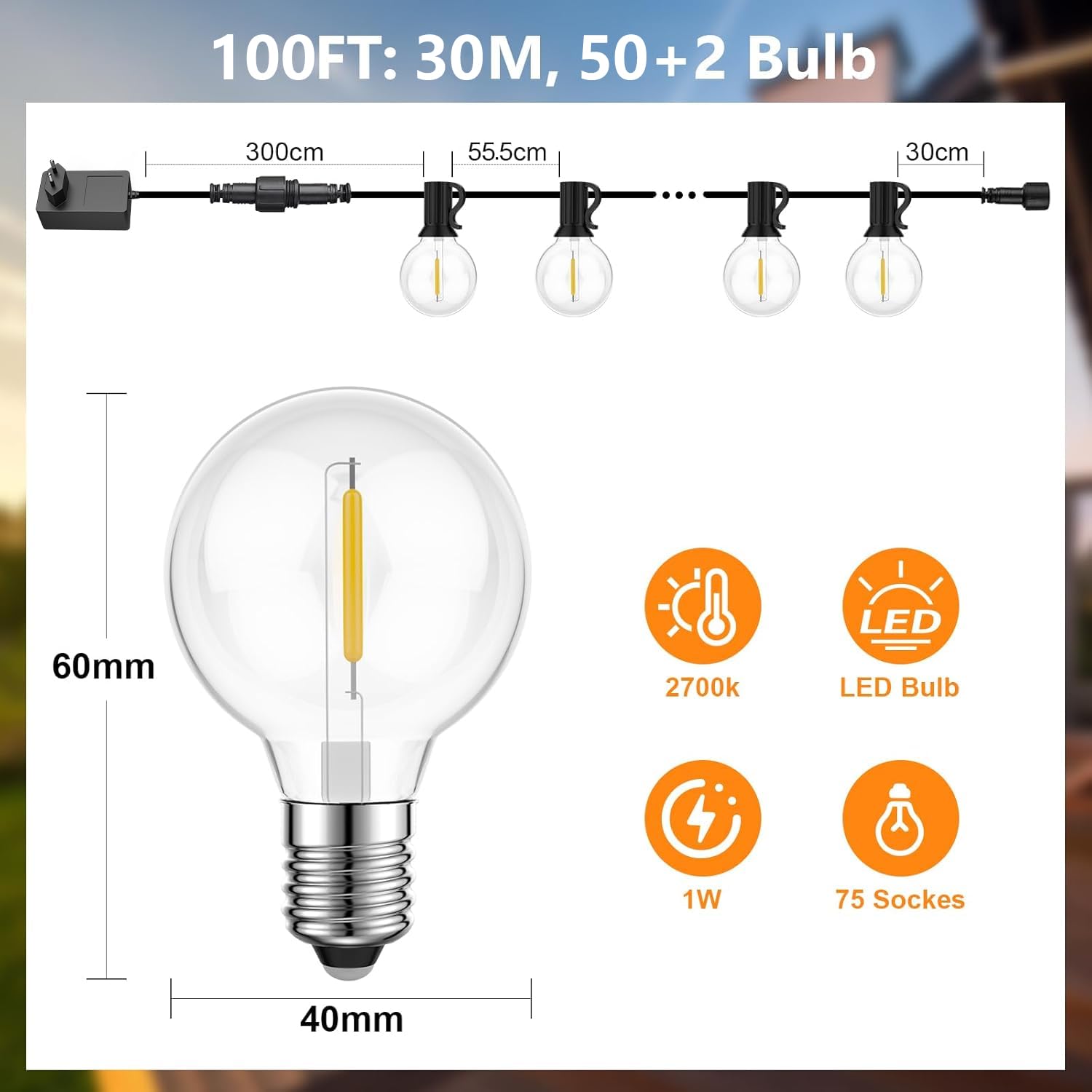 Łańcuch świetlny LED do użytku na zewnątrz, 30 m, prąd zewnętrzny, 50 + 2 szt. ciepła biel, plastikowa żarówka G40, klasa wodoszczelności IP45, do użytku wewnątrz i na zewnątrz, do ogrodu, na