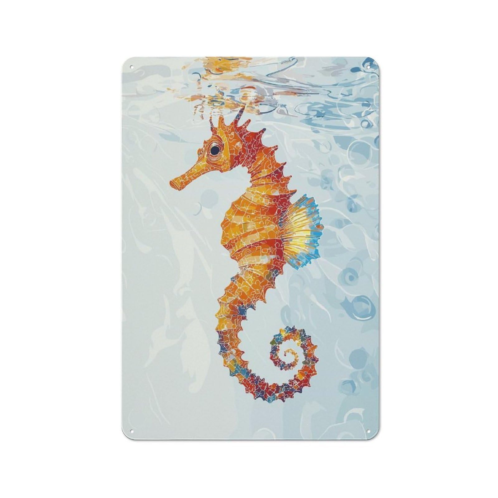 Junmoney Style-20 Cosy Colorful Seahorse In Water Metal Plaque 30X20cm, Kitchen Wall Decor For Kitchen, Cafe, Pantry Or Dining Room