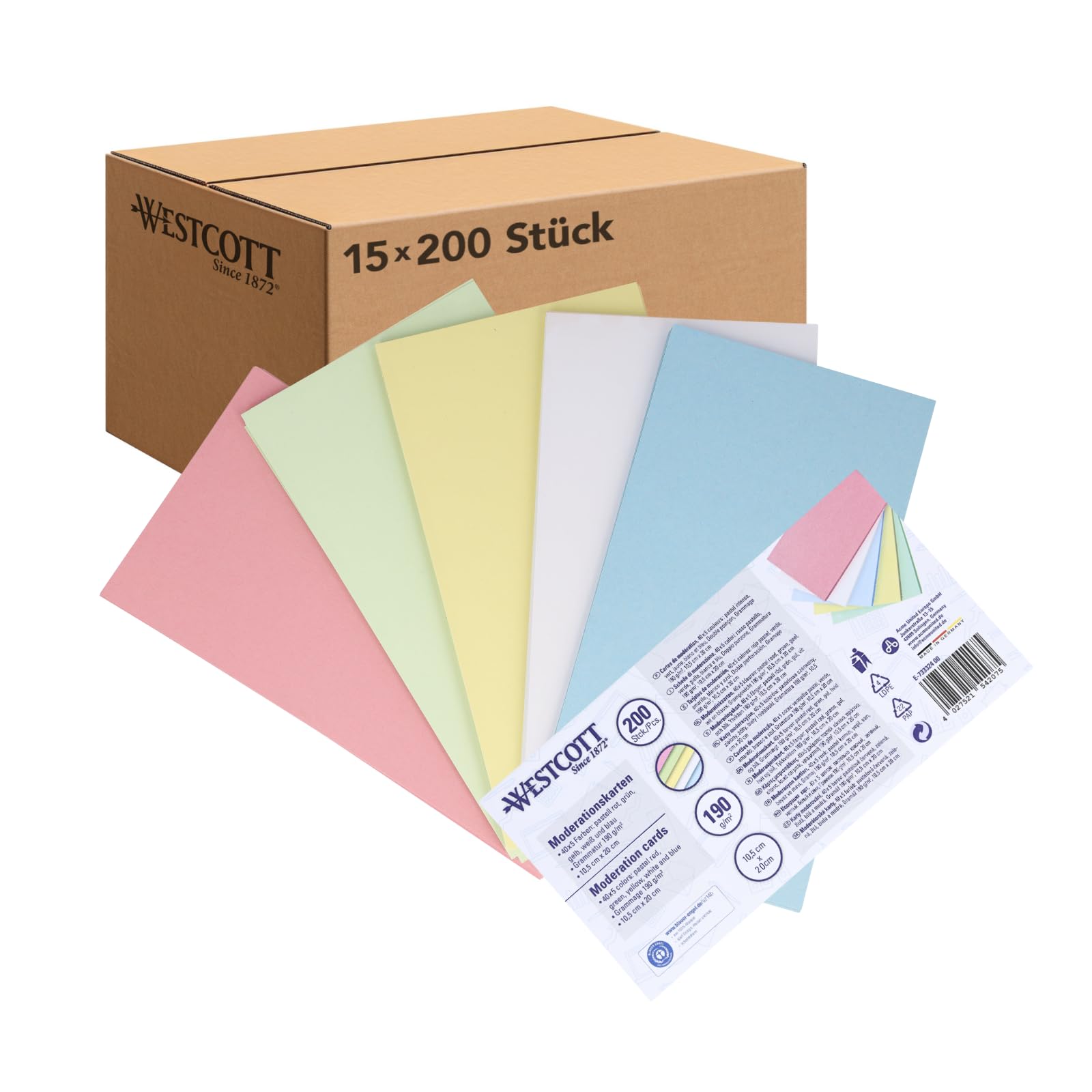 Westcott Moderationskarten 200 Stück Pastellfarben Mix (15er-Pack) | Robuste Karteikarten 190gr/m² | Format 10,5 x 20 cm ideal für Moderationskoffer, Workshops, Seminare | E-733324 00