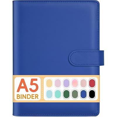 Sooez A5 Notebook Binder, 6 Ring Planner with Stylish Design, Loose Leaf Personal Organizer Cover with Magnetic Buckle Closure, PU Leather Binder for Women with Soft Colors (Navy Blue)