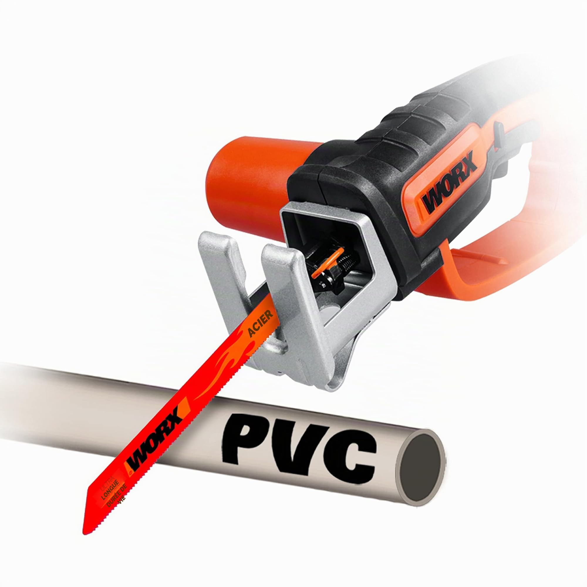 WORX Scie Sabre sans Fil 20V WG894E.9, Jusqu'à 60mm dans le Bois, Course de 16mm, Multimatériaux, Coupe le Bois et l'Acier, Compacte et Légère, Avec 3 Lames, Sans Batterie ni Chargeur