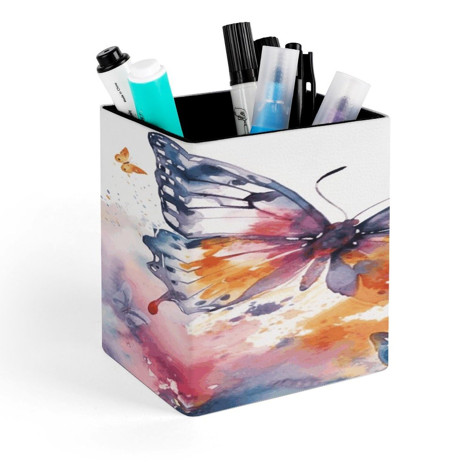 FekiLoot Watercolor Butterfly Pen Holder Personalized Desktop Pencil Holders Case Office Accessories Container Box for Square Pen Cup Desktop Organizer Makeup Brush Holder Caddy Storage