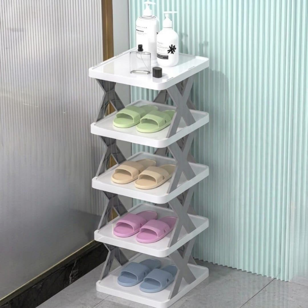 5-Tier Shoe Rack with X-Frame Stand, White Multi-Purpose Shoes stand | Tool-Free Assembly, Freestanding Design, Multi-Use Storage, Space-Saving, Top Tray Included-image-33