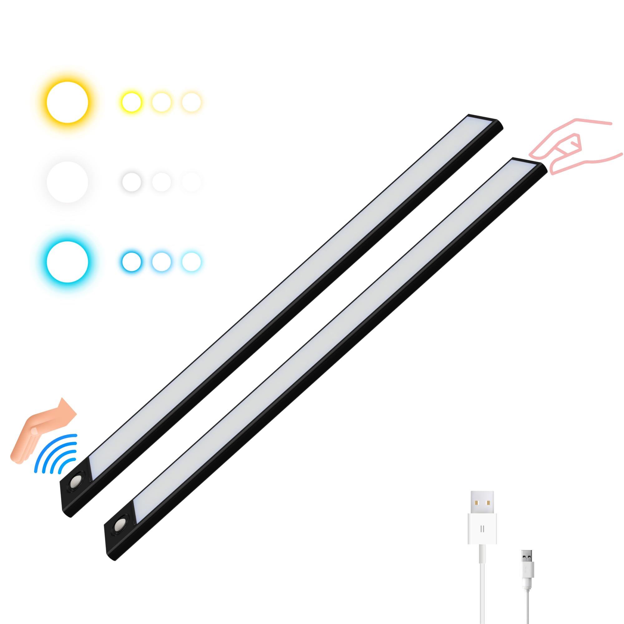 Luce Armadio LED con Sensore Ricaricabile, Barra LED Magnetica a 3 Tonalità, Intensità Regolabile Dimmerabile per Illuminazione per Interni, Ricarica USB, Lunghezza 40cm (Nero, 2 Pezzi)
