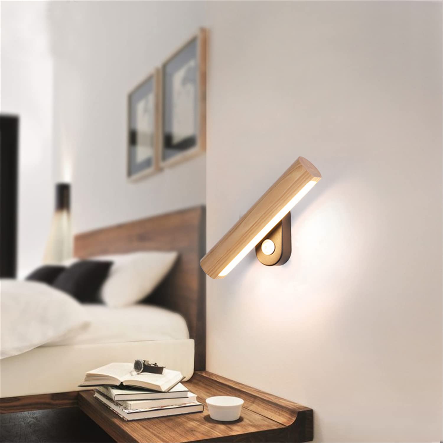 Apliques de Pared, Luces de Noche, luz de Lectura giratoria de 360° de Madera, Apliques de Pared LED, lámpara de Noche con 3 temperaturas de Color, luz de Pared para Dormitorio y s