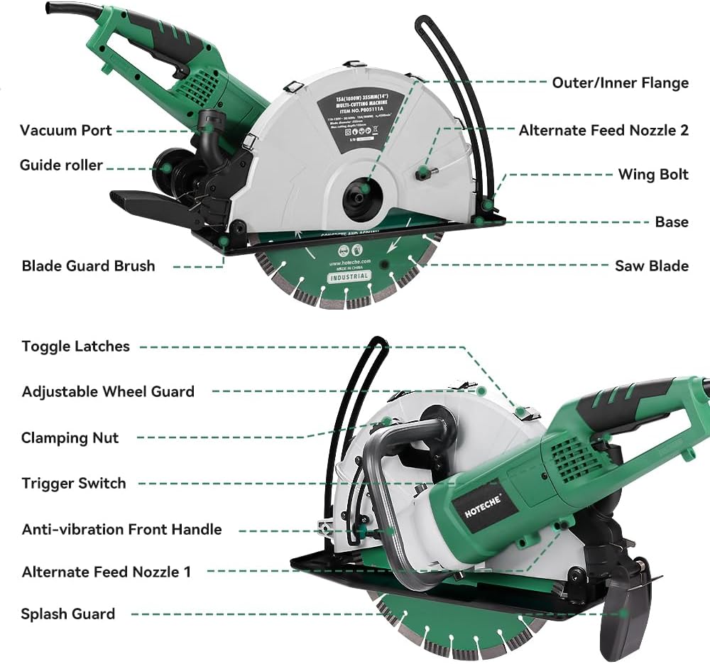 Hoteche 14-Inch Electirc Concrete Saw - 2600W Multifunctional Cut-off Saw with Diamond Cutting Blade for Masonry, Mentalworking and Woodworking