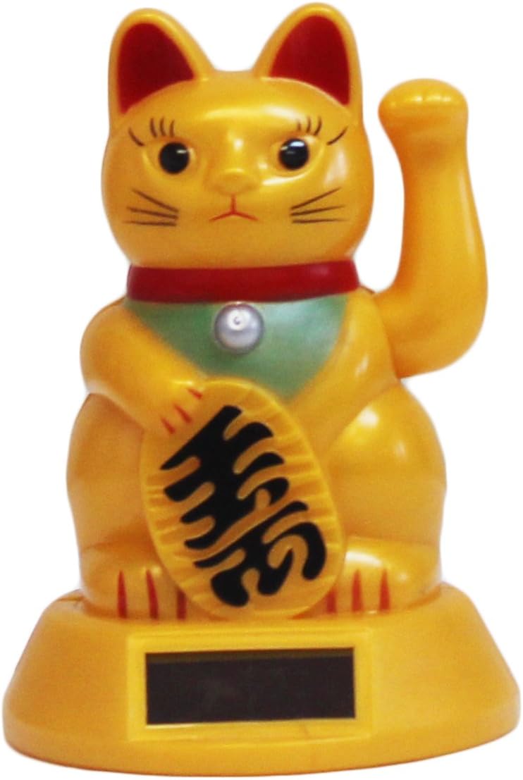 1 X Gold Solar Powered Feng Shui Gold Lucky Beckoning Waving Cat Maneki Neko 5"tall