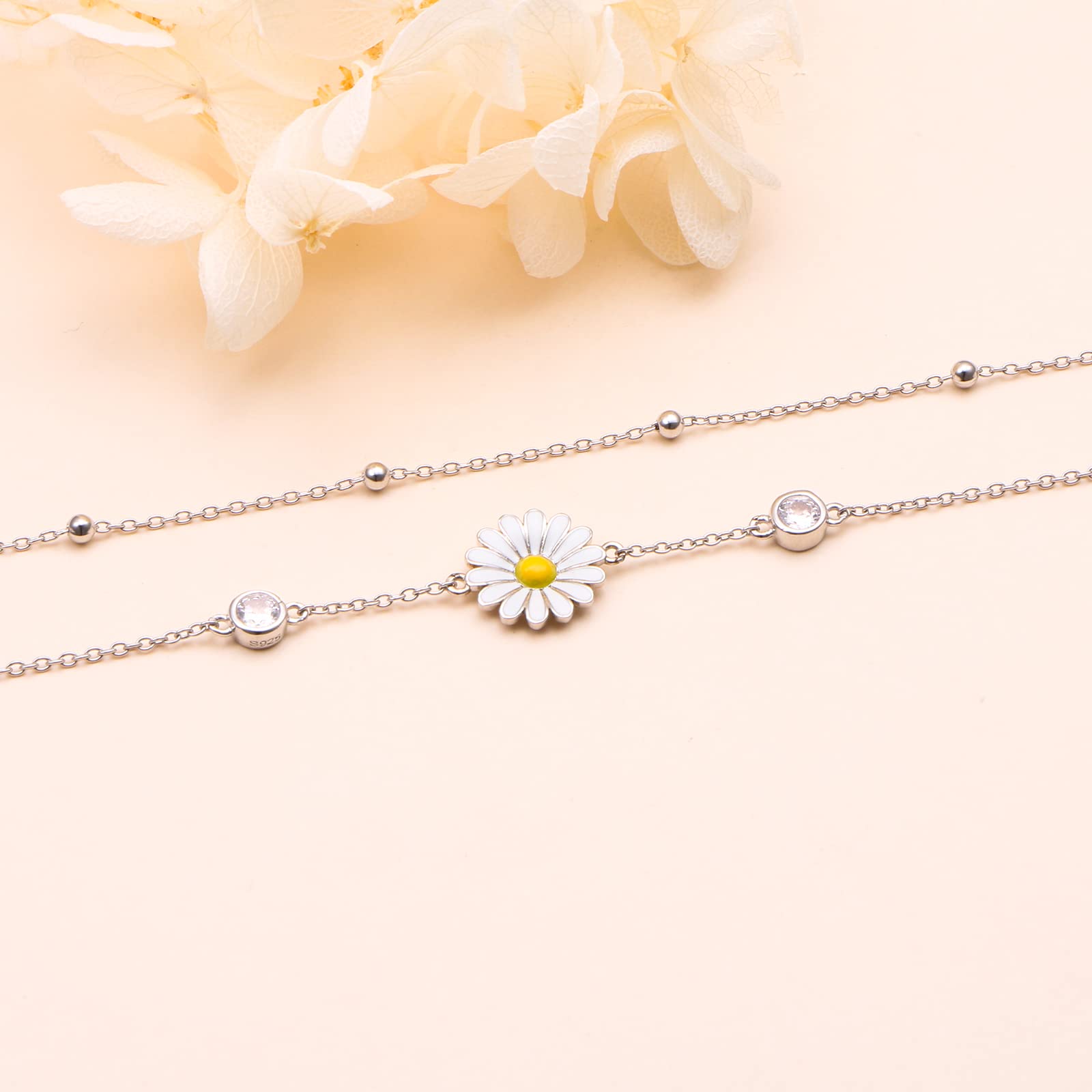 DAOCHONG Tobillera de plata de ley 925 con perlas y flores, cadena ajustable para el tobillo como regalo para mujer (margarita_9+1 pulgadas)