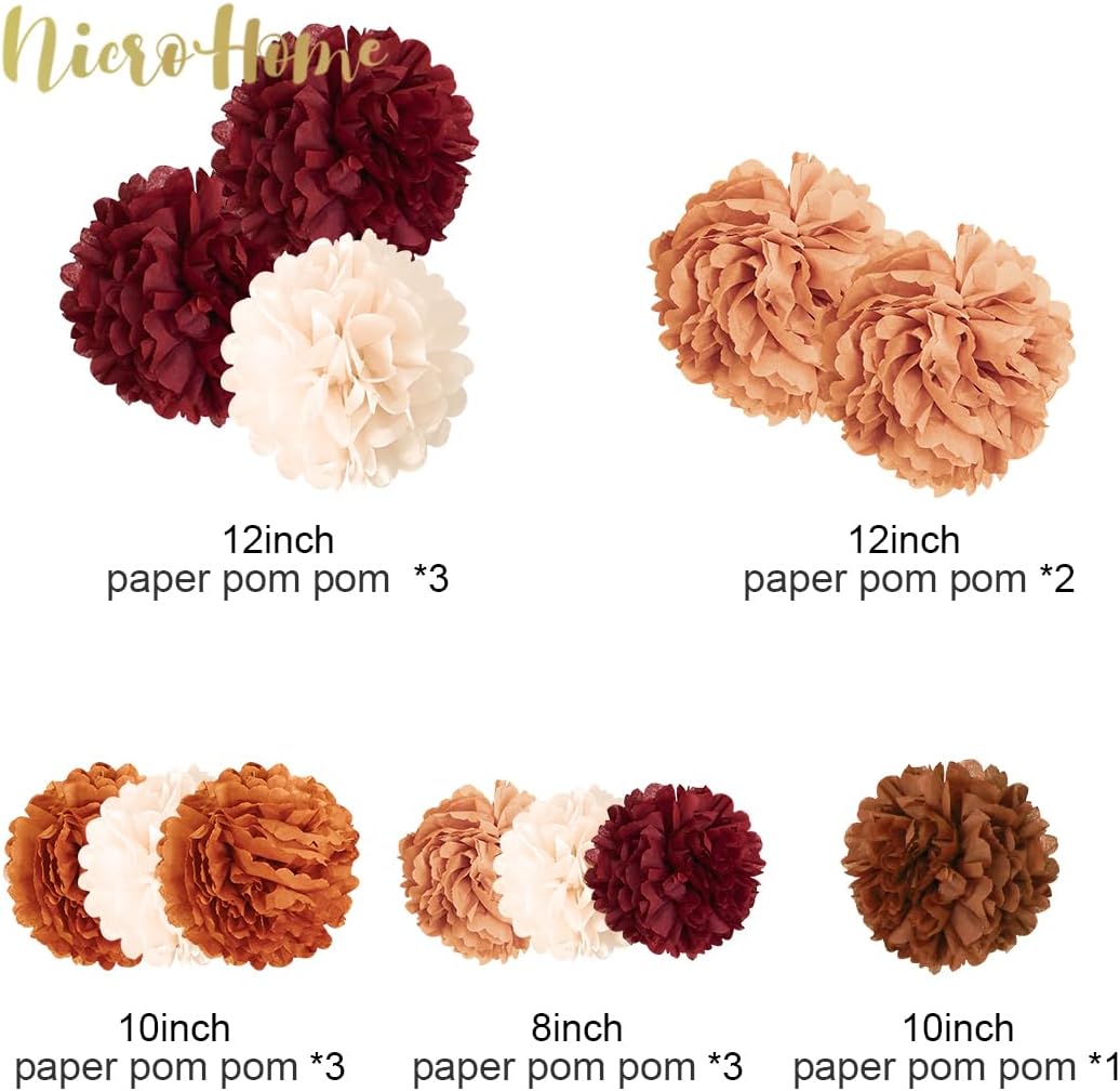 NICROHOME EUR Wedding Party Decorations, 12 PCS Carmine Rust Orange Light Brown Tissue Paper Pom Poms for Rustic Wedding Bridal Shower Retro Party Baby Shower Birthday New Year Party - Image 3