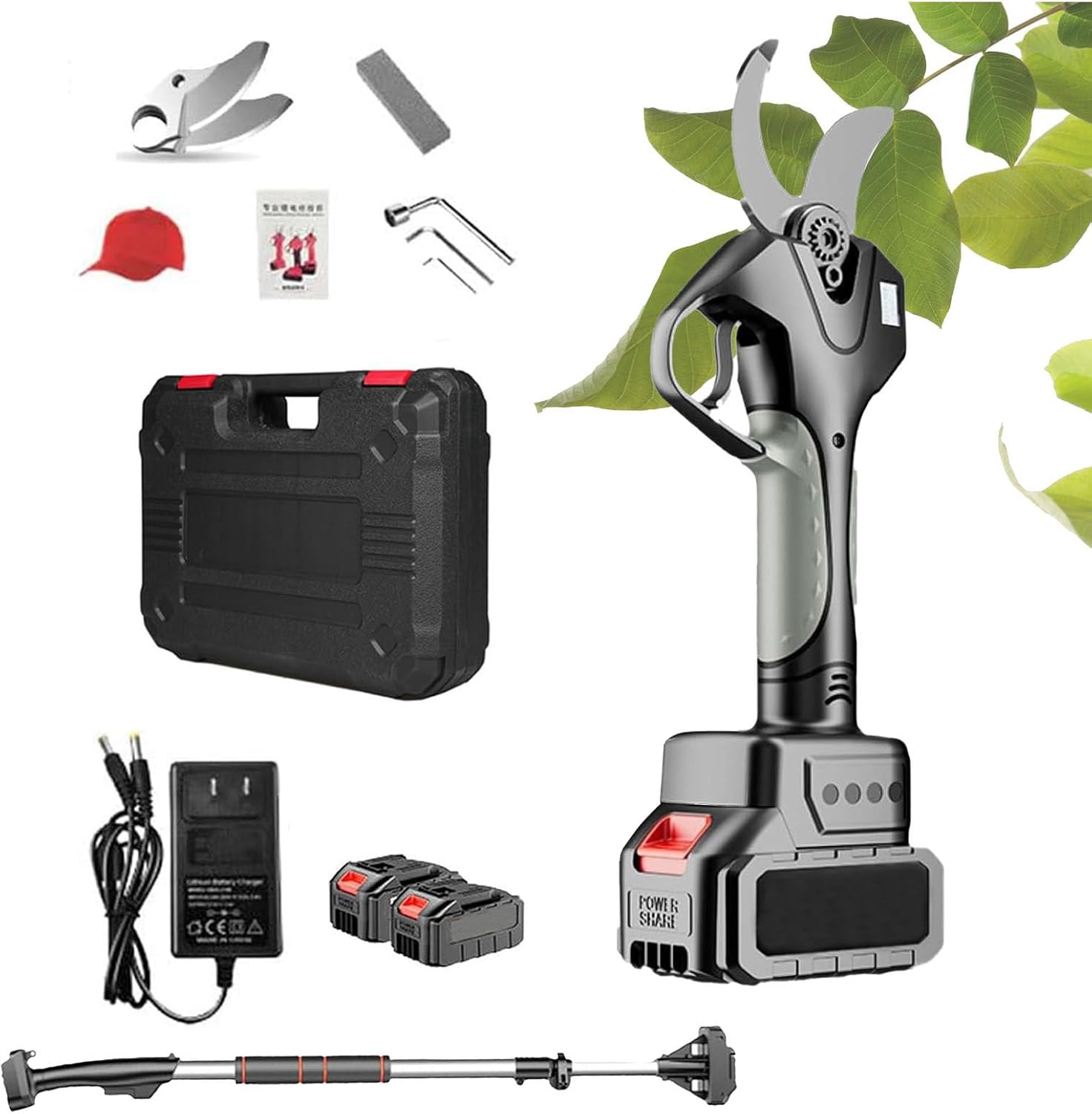 Portable Electric Secateurs,Electric Pruners for Gardening Heavy Duty with 4.4-7.1ft Scalable Extension Rod, 2 Battery and Charger,Gifts for Family