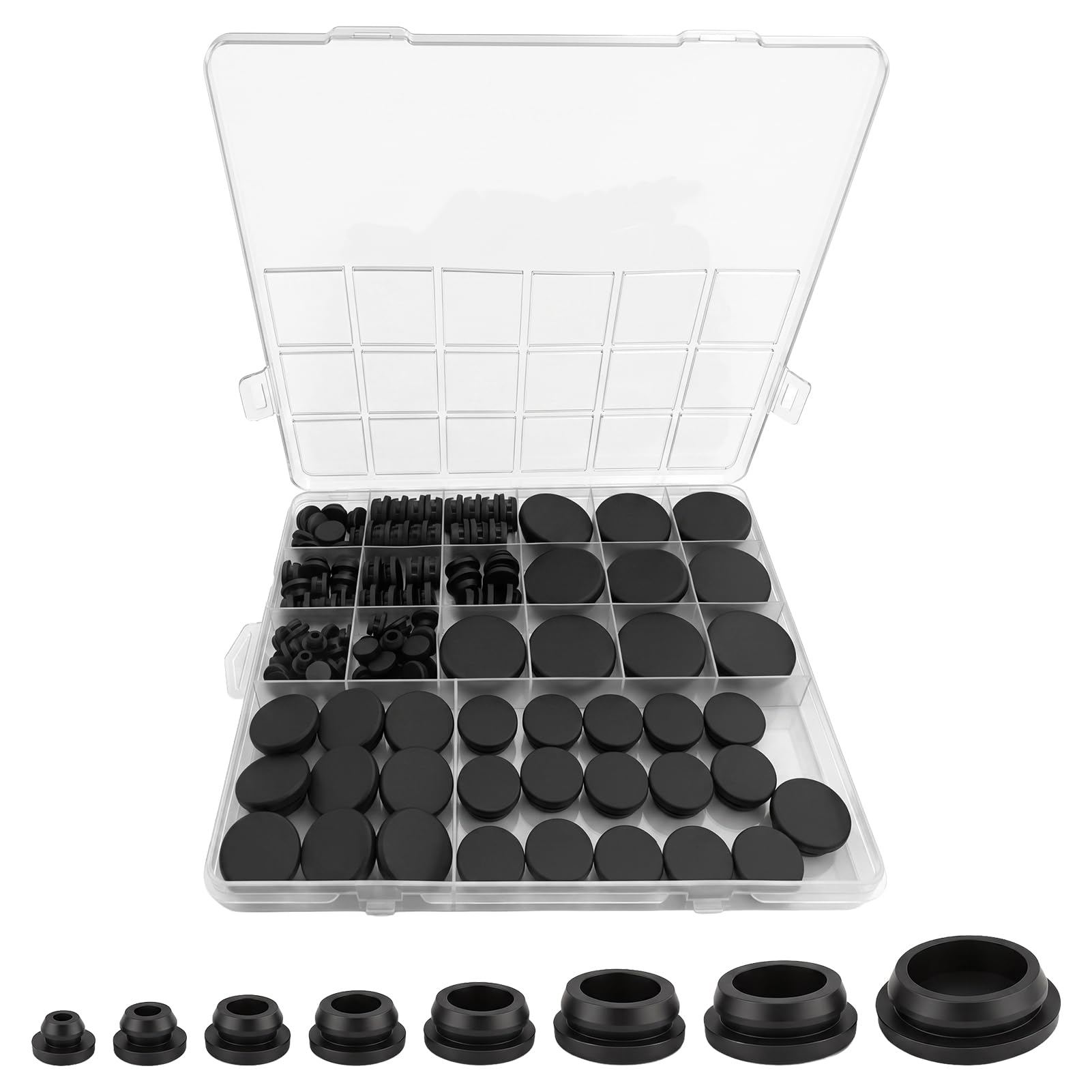 Rubber Grommets for Holes, in Auto Use, 125 Pieces Grommet Kit, 8 Size Silicone Bungs, Black Tone, for Furniture Automotive Wire Hole Cover Use