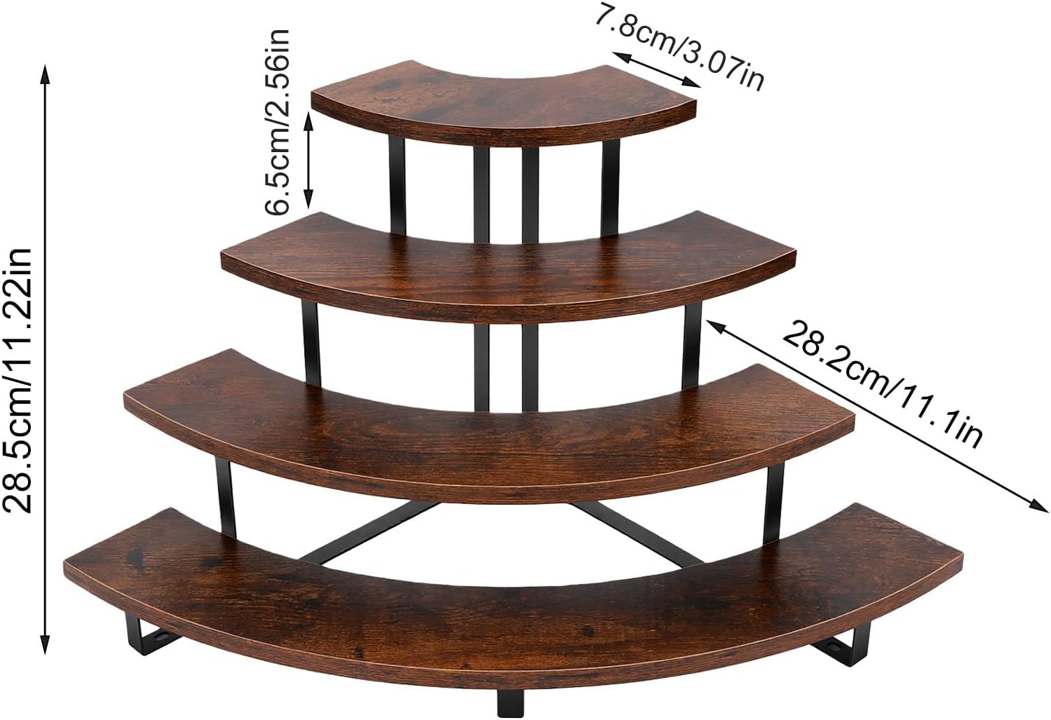 Luqeeg 4 Tier Arc Wooden Display Risers, Rustic Cupcake Stand | Thickened Iron Frame Stable Structure, Modular Curved Layout, Multi-Scene Storage Shelf for Dessert Vanity Retail Display
