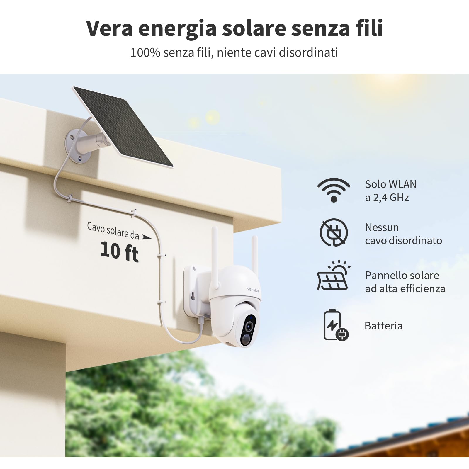 SEHMUA Telecamera Wi-Fi Esterno Batteria Senza Fili | 360° Videocamera Sorveglianza Esterno Solare Videosorveglianza Esterno Visione Notturna a Colori-1Pack