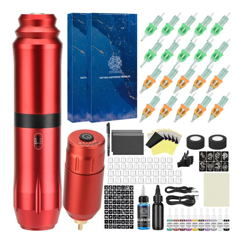 Tattoo Gun Machine Kit Cordless Power Supply Tattoo Pen Kit with 11 Tattoo Inks 20pcs Tattoo Cartridge Needles for Beginers and Artists
