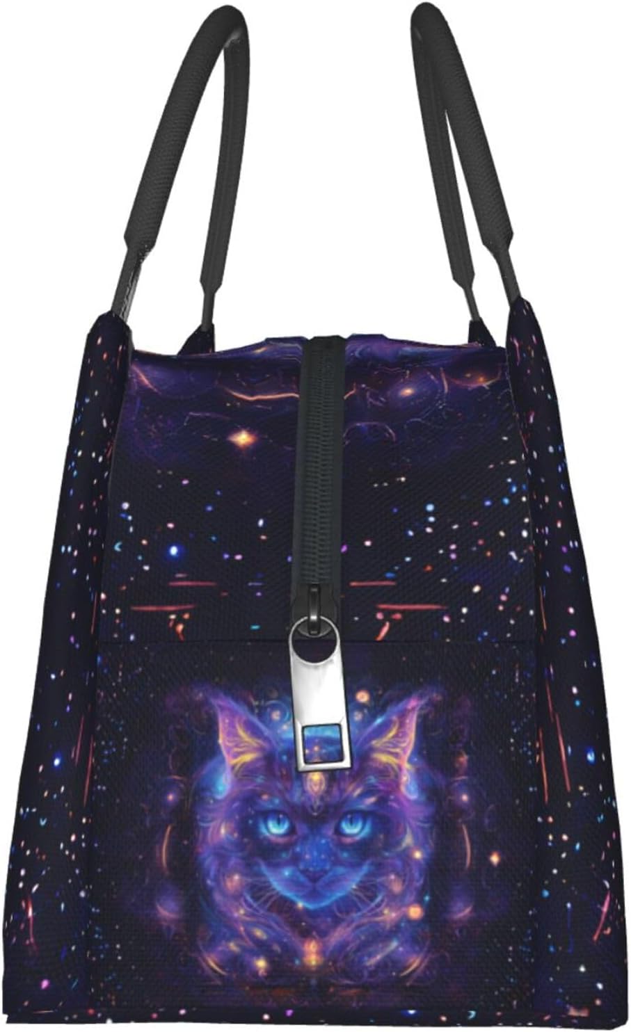 Fantasy Galaxy Cat Reusable Lunch Box,Mystical Cosmic Kitten Lunchbox for Kids Women Pet Lovers,Insulated Lunchbag,11in*6.3in*6.7in,Gifts Makeup Bag,Portable Handbag for Picnic Work Travel