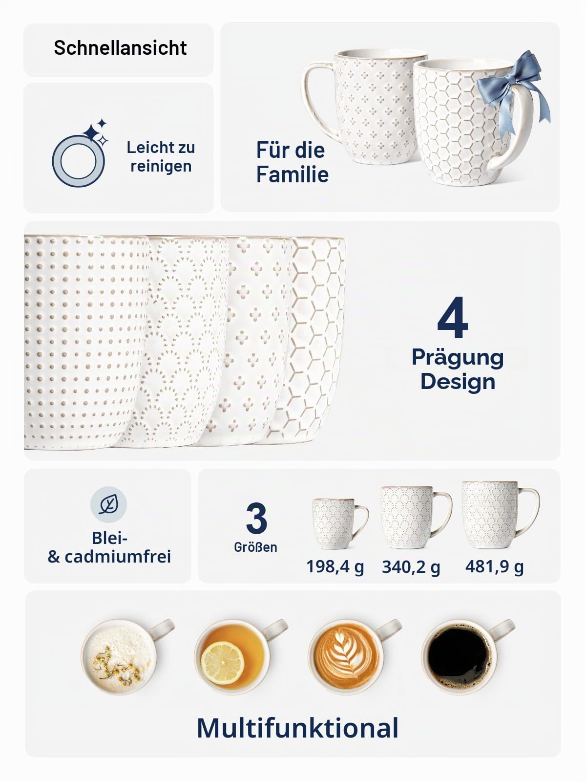LE TAUCI Kaffeetassen Set, 473 ml, Keramiktassen Kaffeebecher, Prägetassen Große Tassen für Latte, heißen Tee, Cappuccino, 4 Stück, Arktisweiß